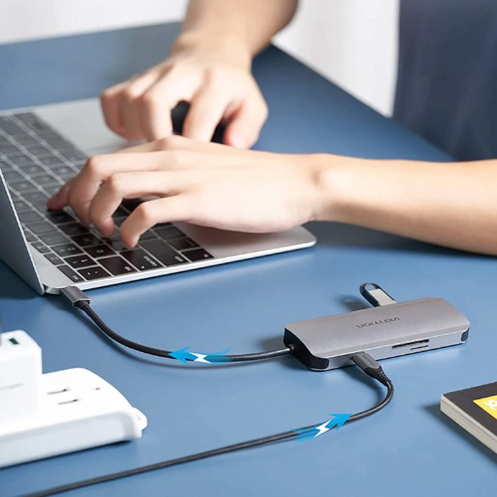 Vention TOJHB Docking USB Tipo-C Gris con 1x HDMI, 3x USB, 1x USB-C y Lector de Tarjetas